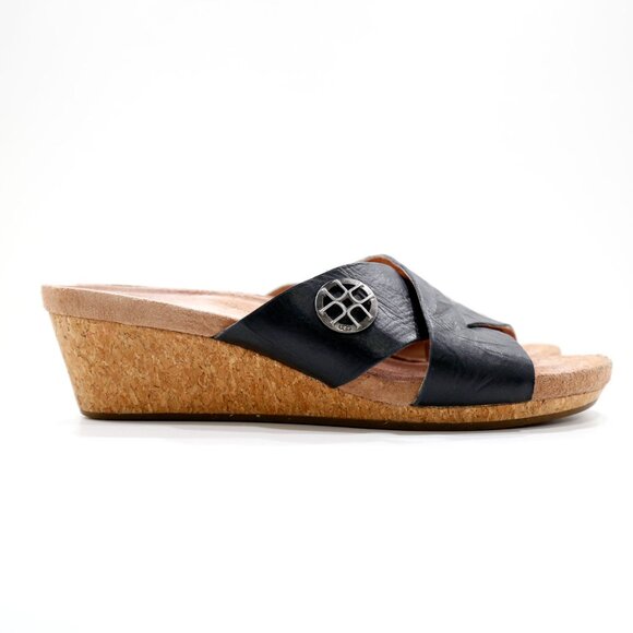 UGG Lyra Black Leather Lightweight 2" Cork Wedge Heel Sandals - 9 - Picture 3 of 7